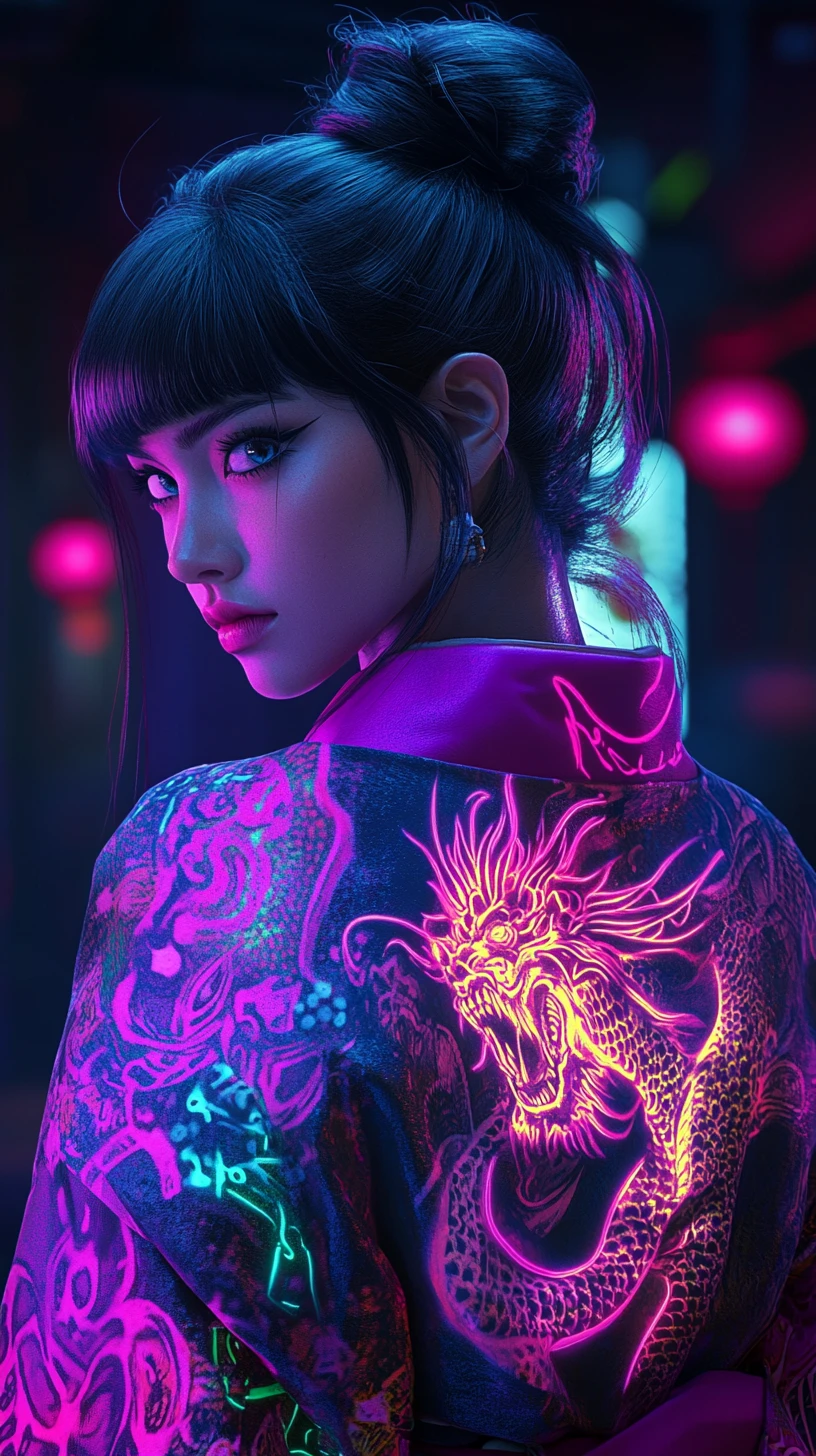 Cyberpunk-Anime-Frau im Kimono mit leuchtenden Rückentattoos
