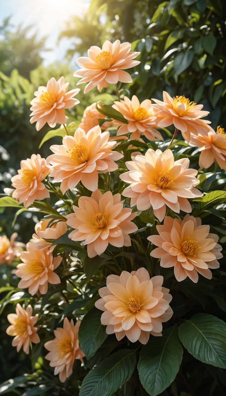 Grandes fleurs couleur pêche dans un jardin vert baigné de soleil en gros plan