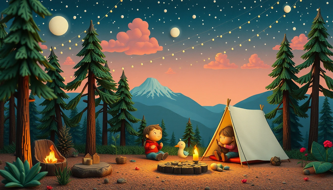 Enfants en pâte à modeler enjoués campant dans une forêt colorée