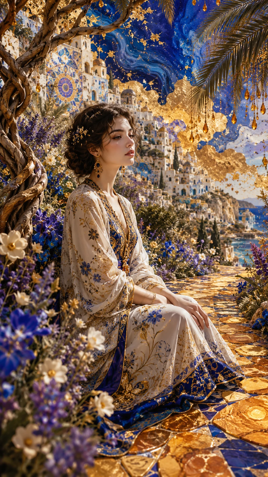 Mulher serena em paisagem surreal de primavera mediterrânea