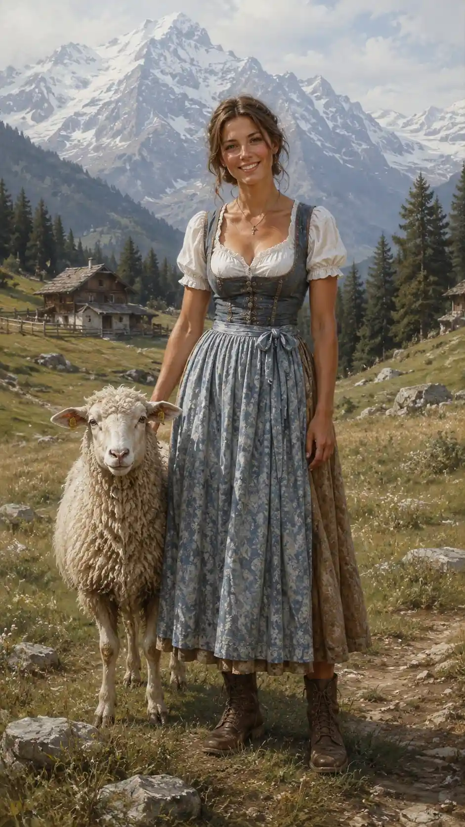 Mulher de dirndl em pé com ovelha em prado alpino