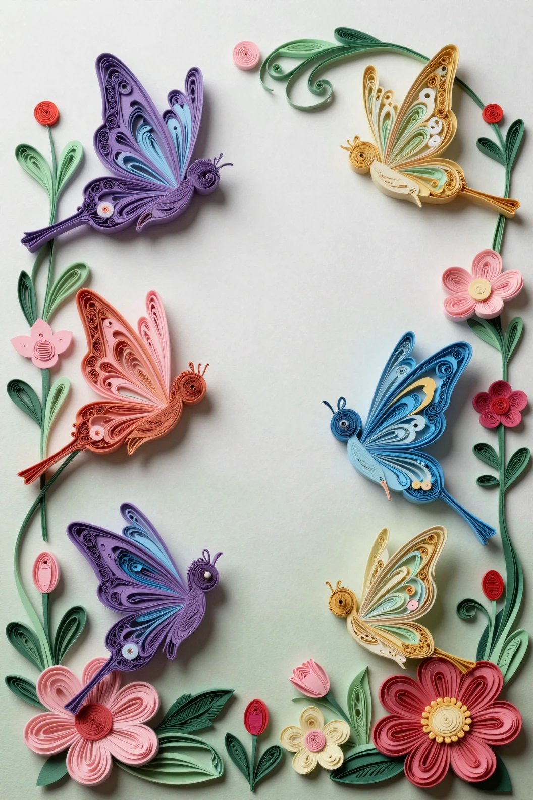 Colorful paper fairies swirling above an abstract flower garden