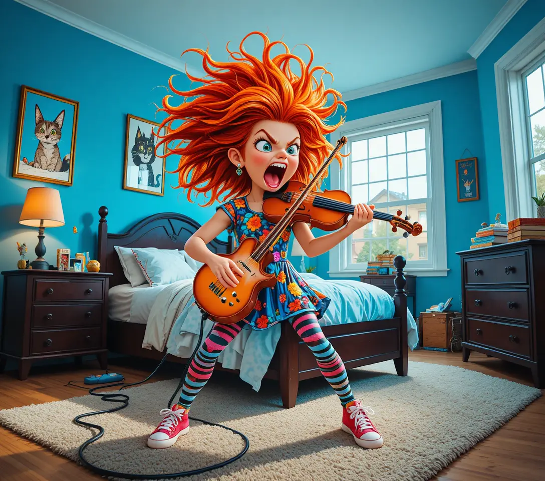 Fille rousse qui fait vibrer un violon électrique dans une chambre