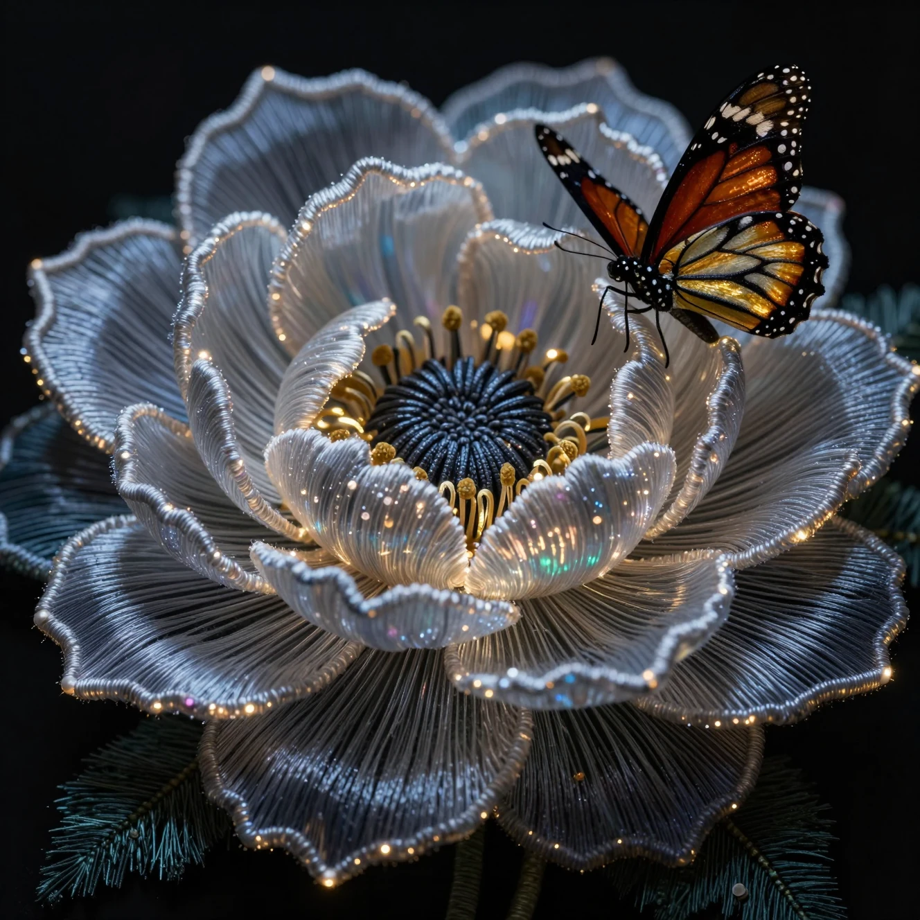 Flor Bordada 3D Brilhante com Borboleta-monarca