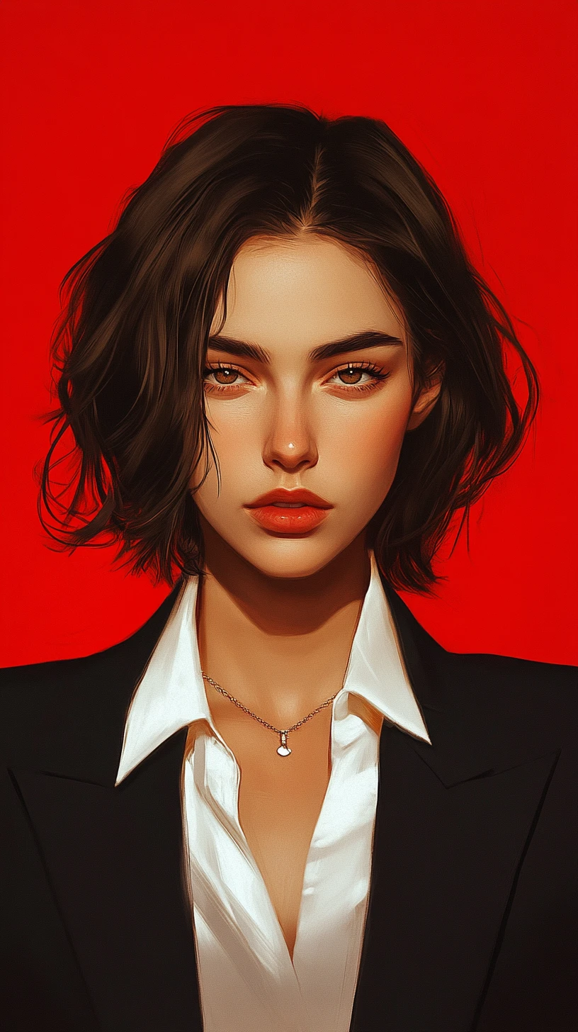 Confident young woman in blazer on bold red background
