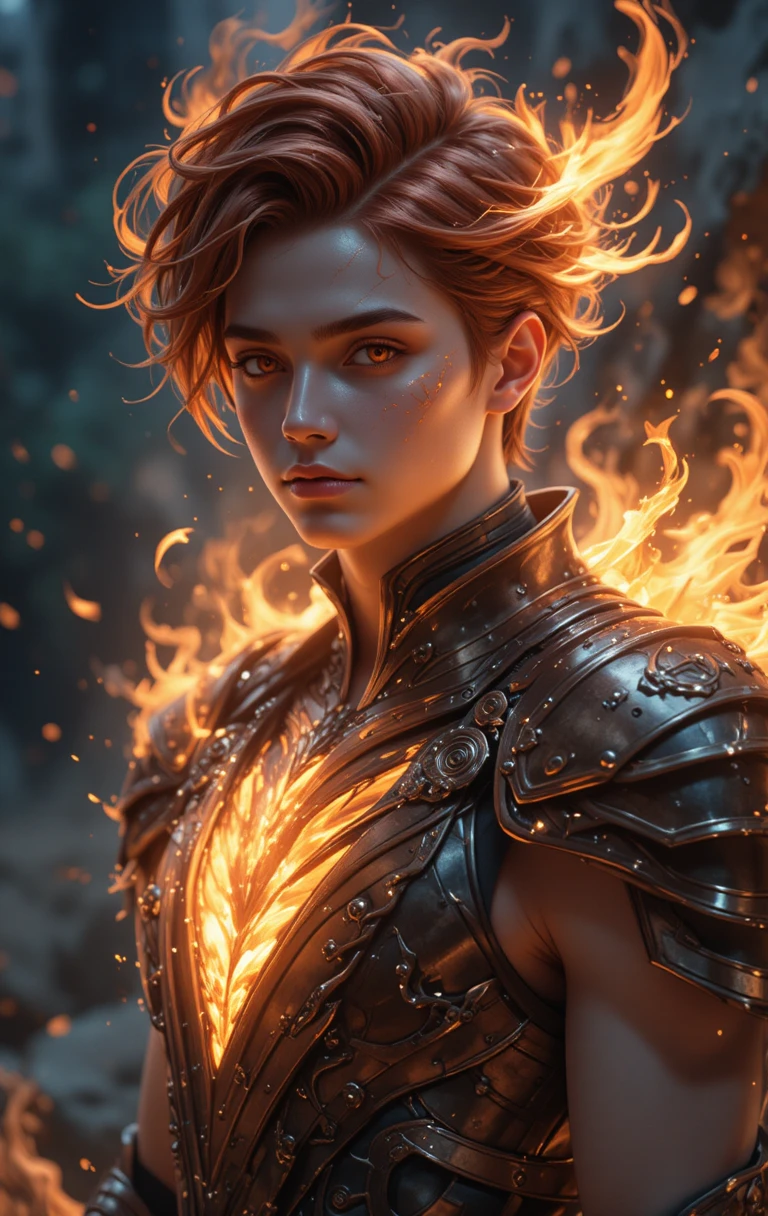 Guerrier phénix de feu aux cicatrices lumineuses, style anime