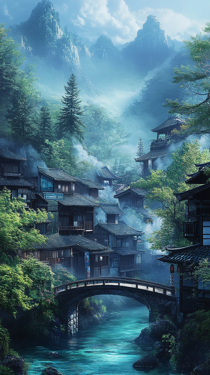 ターコイズブルーの山あいの川辺にたたずむ静かな日本の村