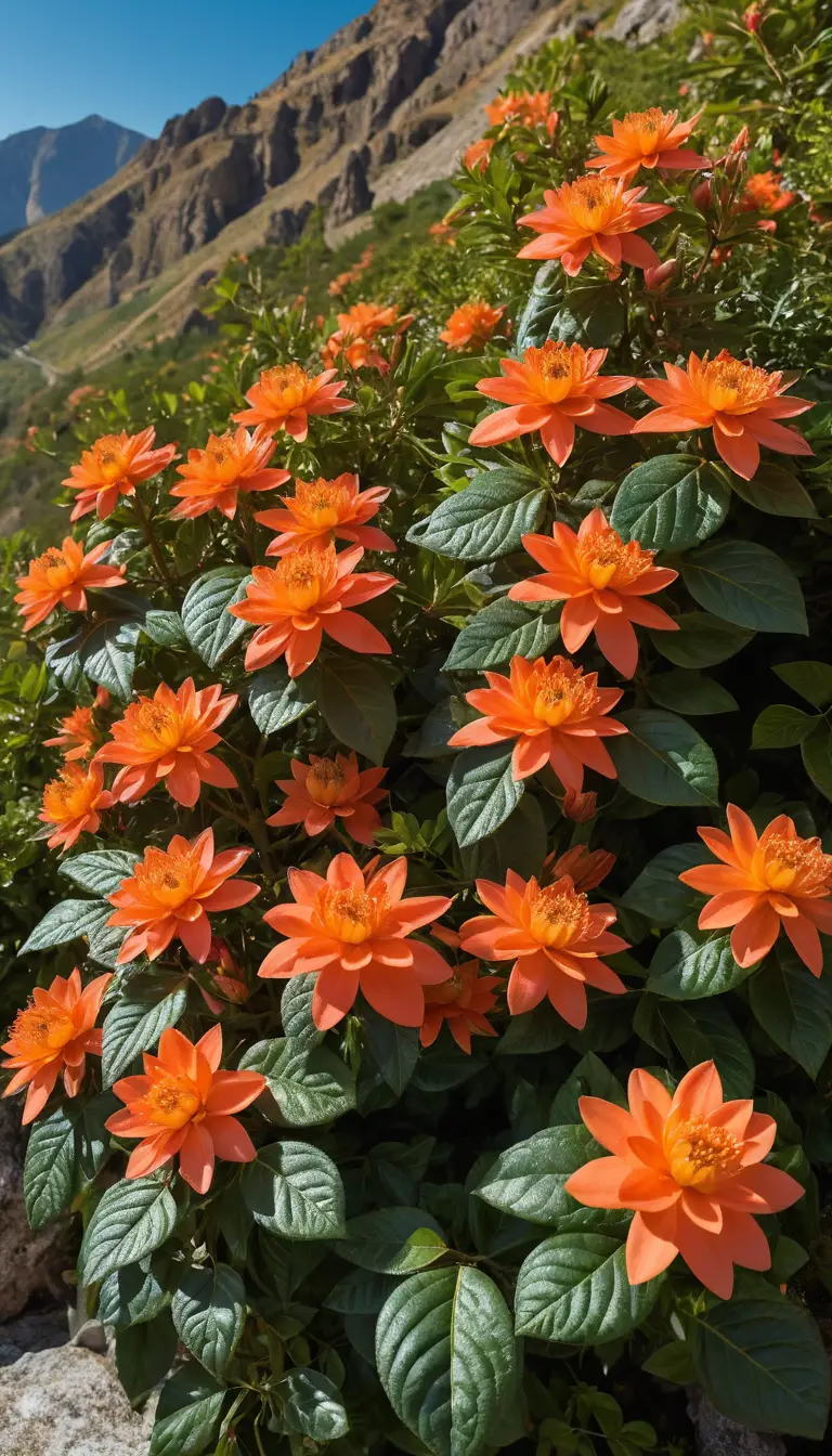Pianta di montagna con fiori arancione-rosso alla luce piena del sole