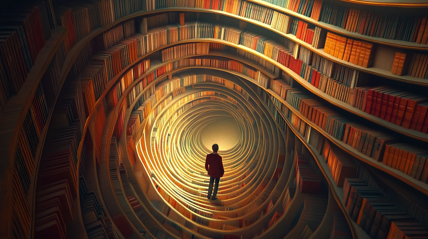 Caminho surreal de livros serpenteando por um vazio escuro