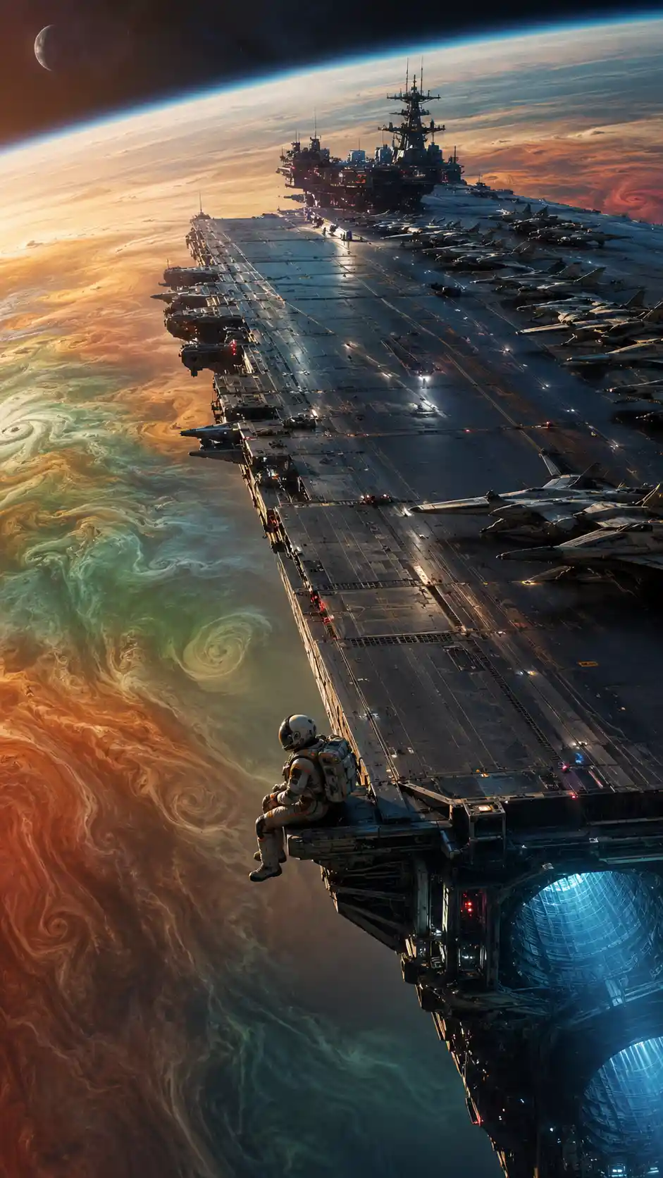 Colossal deep space carrier above a swirling gas giant