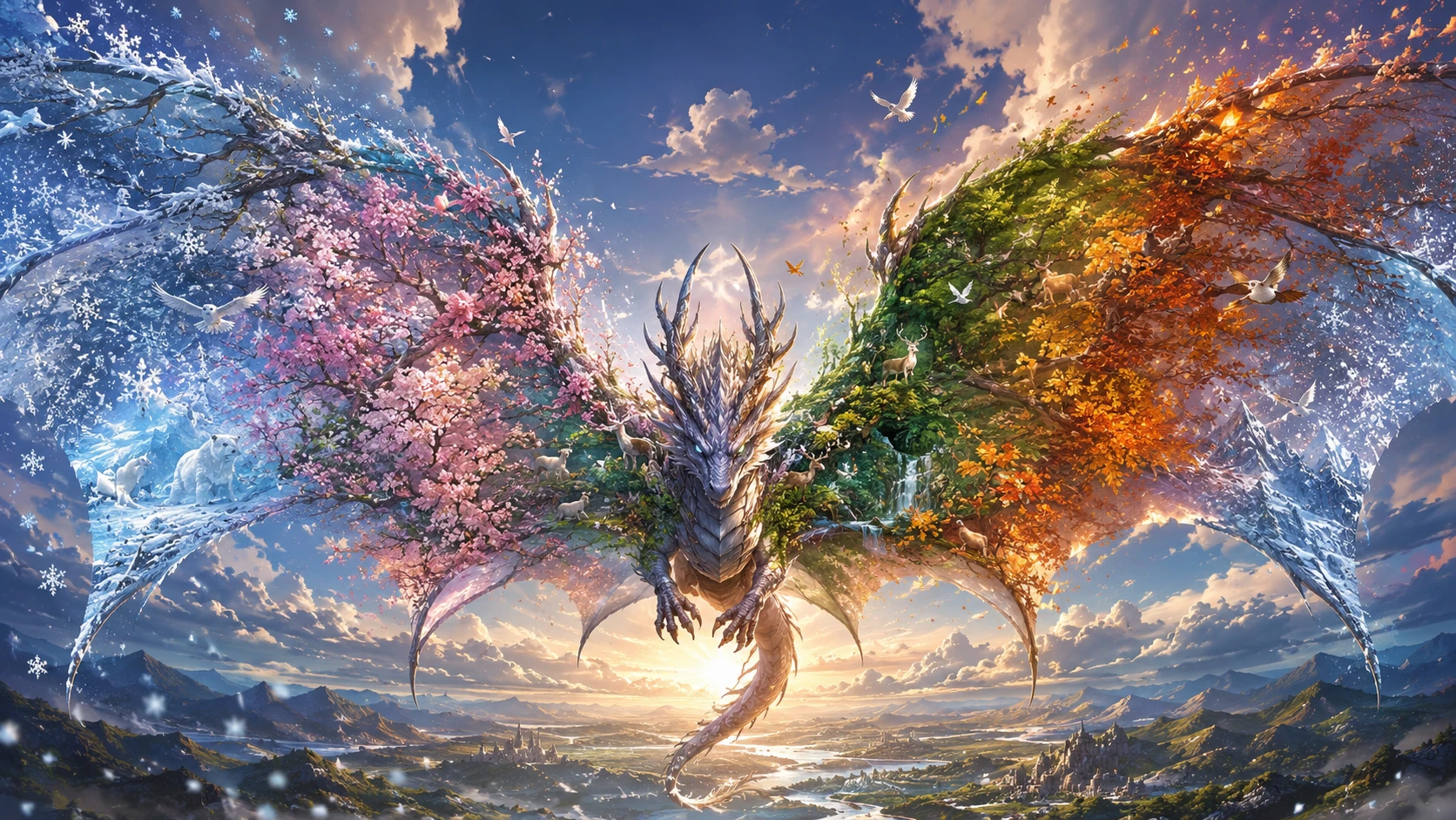 Dragão voando em direção ao observador com asas sazonais bem abertas