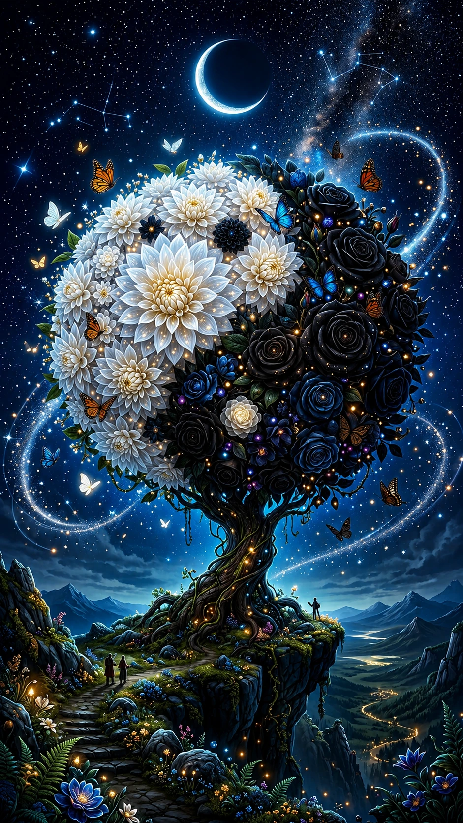Árbol mágico yin yang de dalias y rosas en la noche