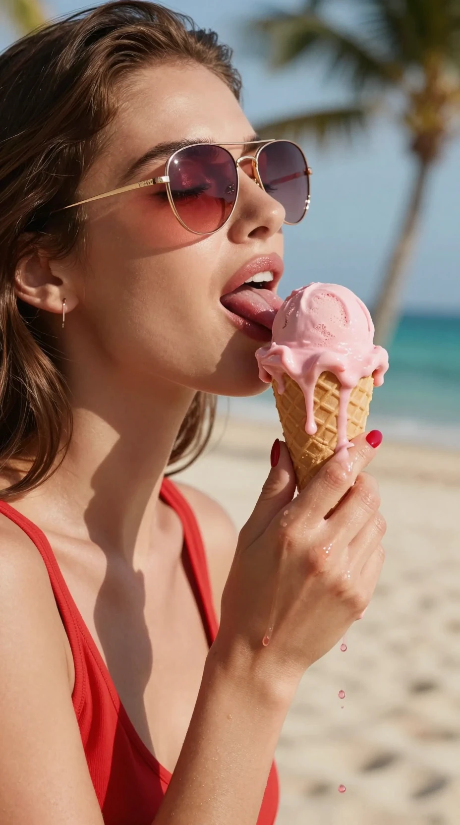 Stylish young woman licking melting pink ice cream