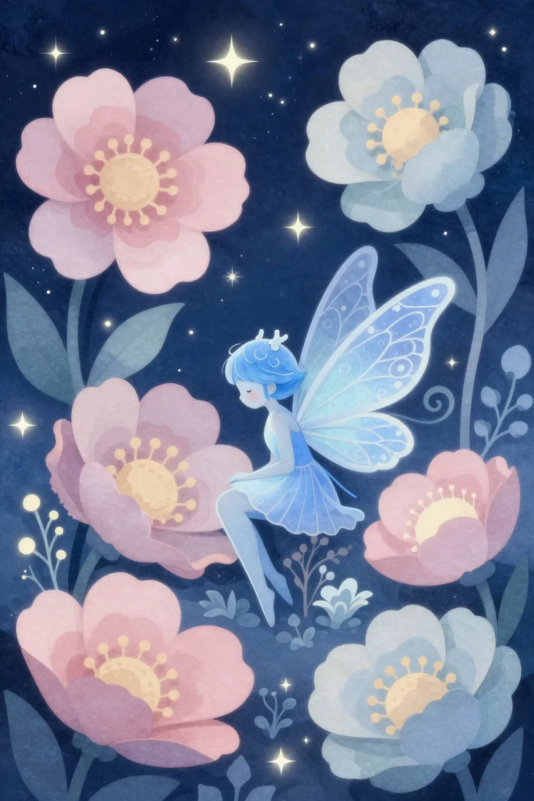 Tierna hada azul entre flores nocturnas gigantes