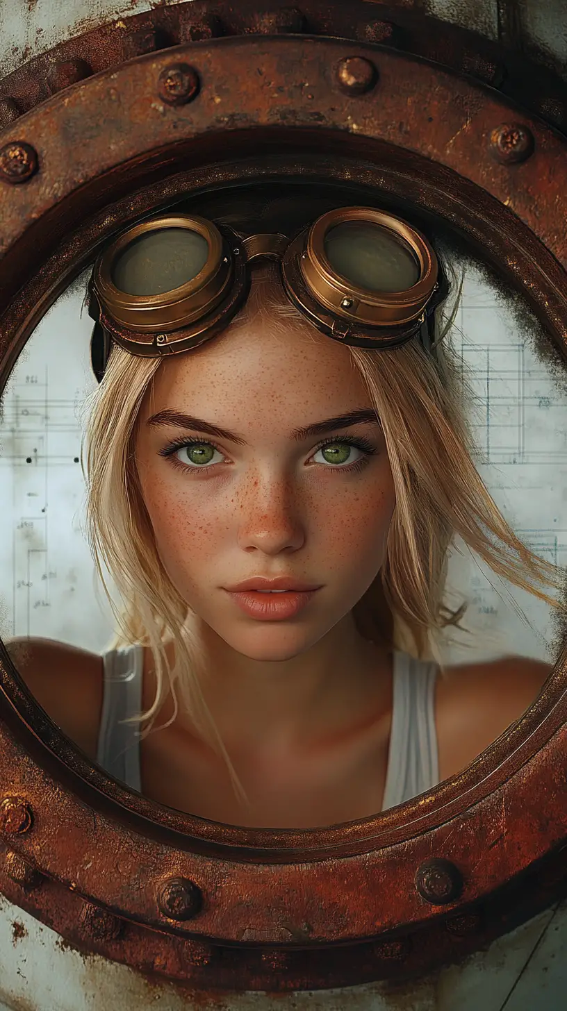 Neugieriges Steampunk-Mädchen in einem rostigen Bullauge aus Metall