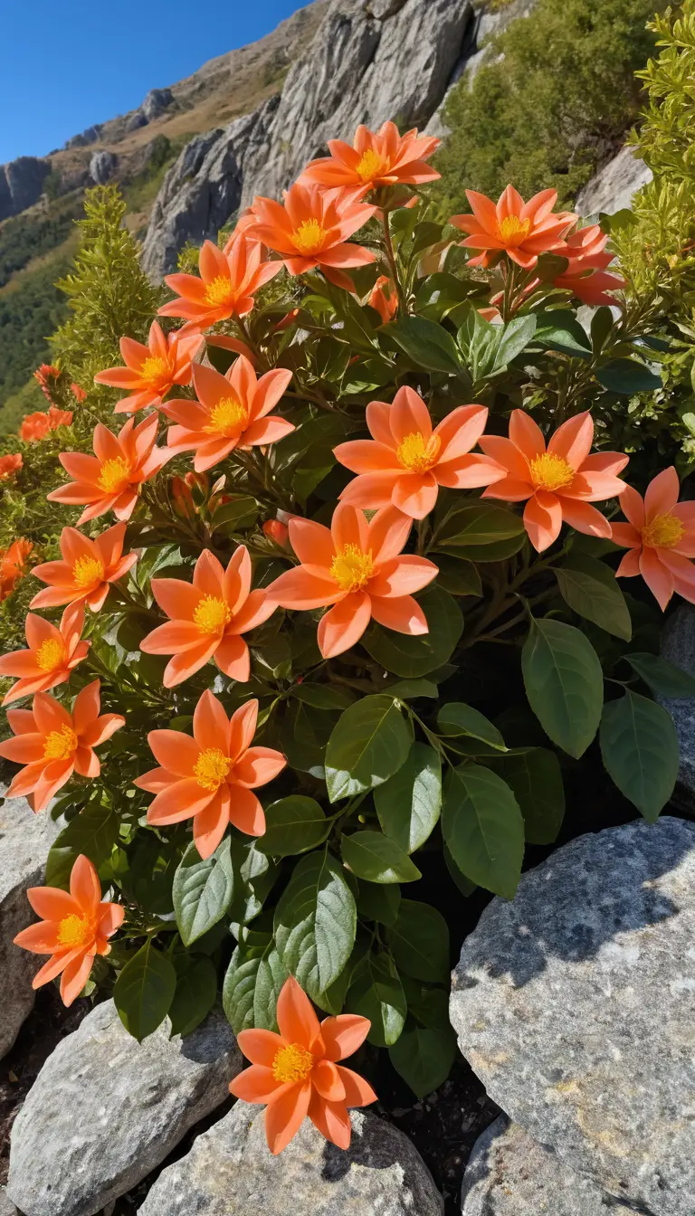 Flores laranja gigantes desabrochando em uma encosta rochosa