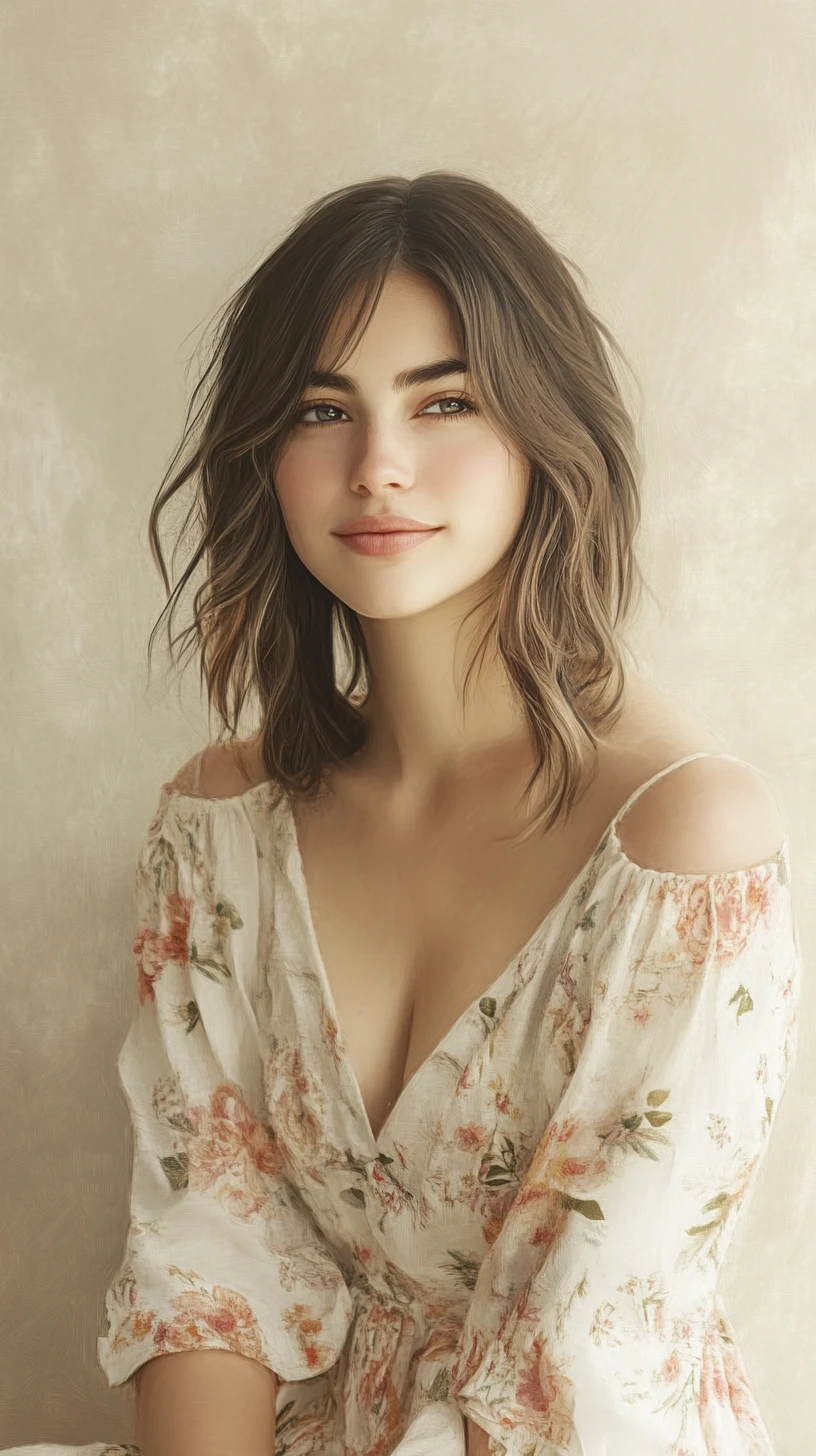 Portrait serein d’une jeune femme en robe fleurie