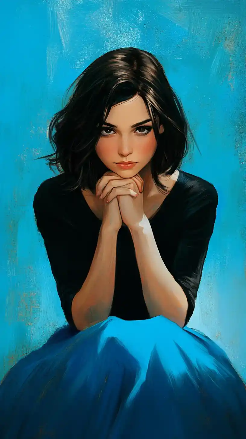 Elegante ritratto digitale di una giovane donna con gonna blu
