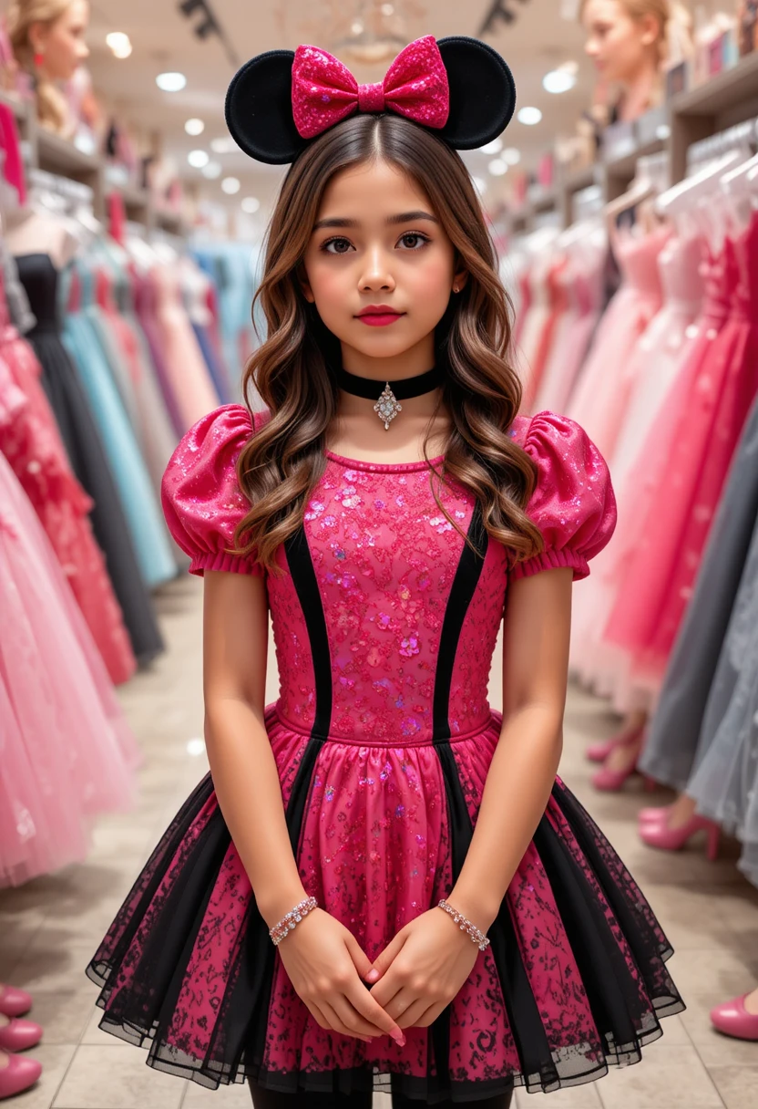 Menina com vestido rosa da Minnie em boutique da Disney