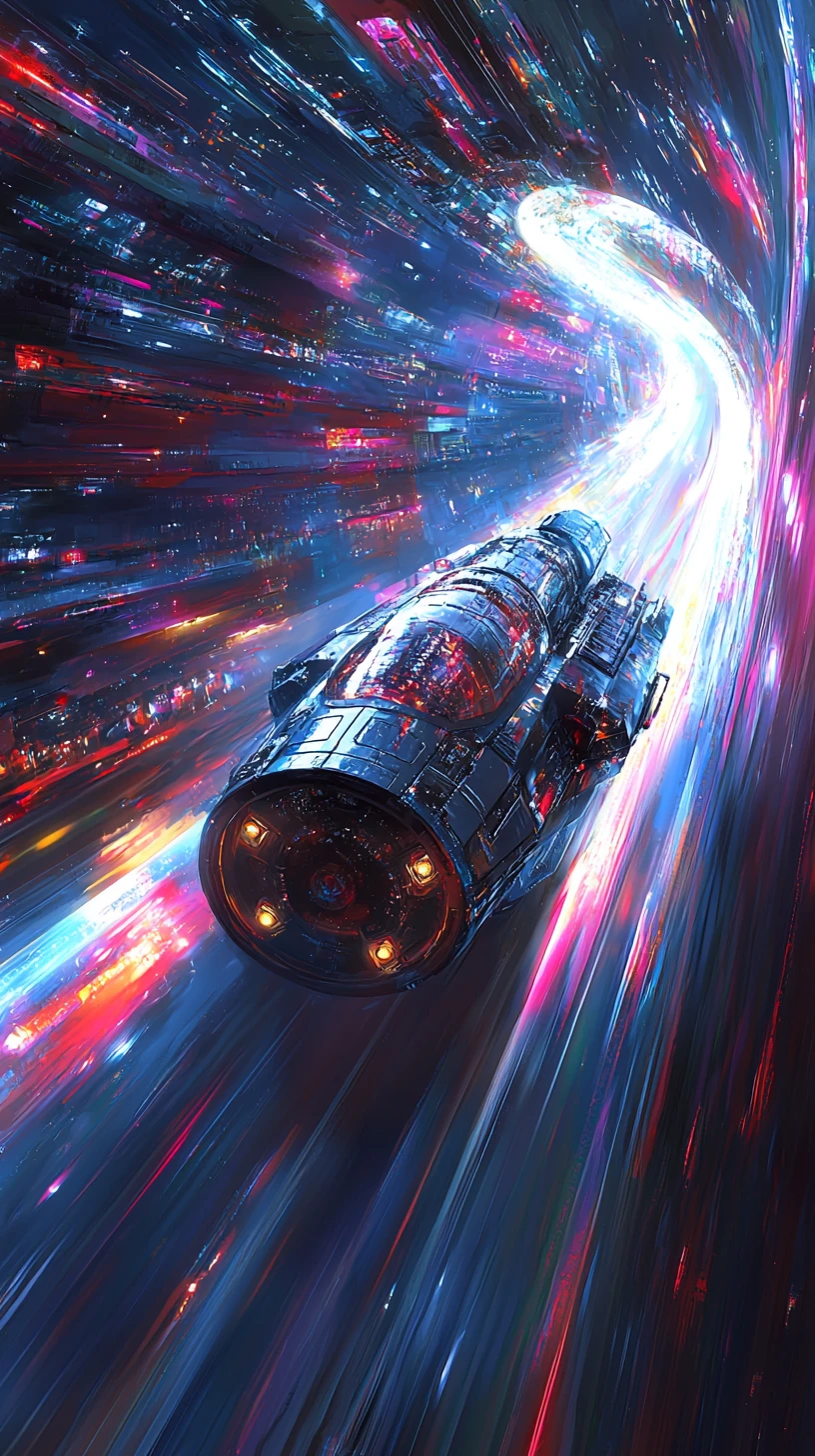 Surreales Raumschiff, das Dimensionen in einer verzerrten kosmischen Landschaft durchquert