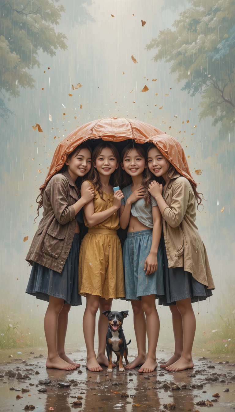 Des enfants partageant un parapluie sous une douce pluie dorée