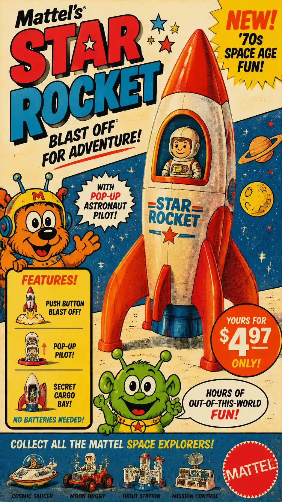 Colorful retro toy advertisement with playful mascots