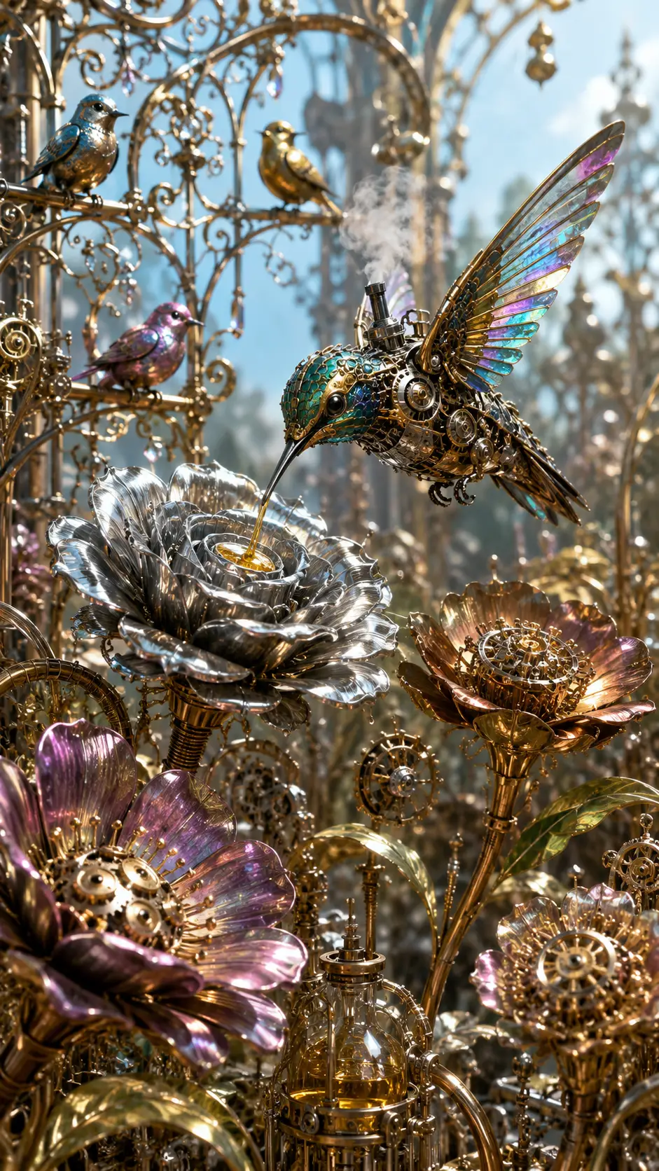 Mechanische Blumen, die in einem kunstvollen Steampunk-Garten blühen
