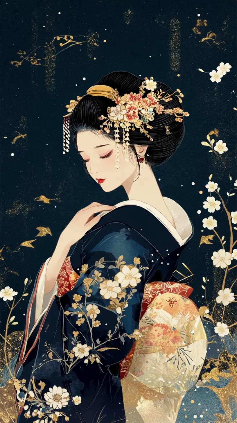 Elegante japanische Geisha im marineblauen Kimono mit Kirschblüten