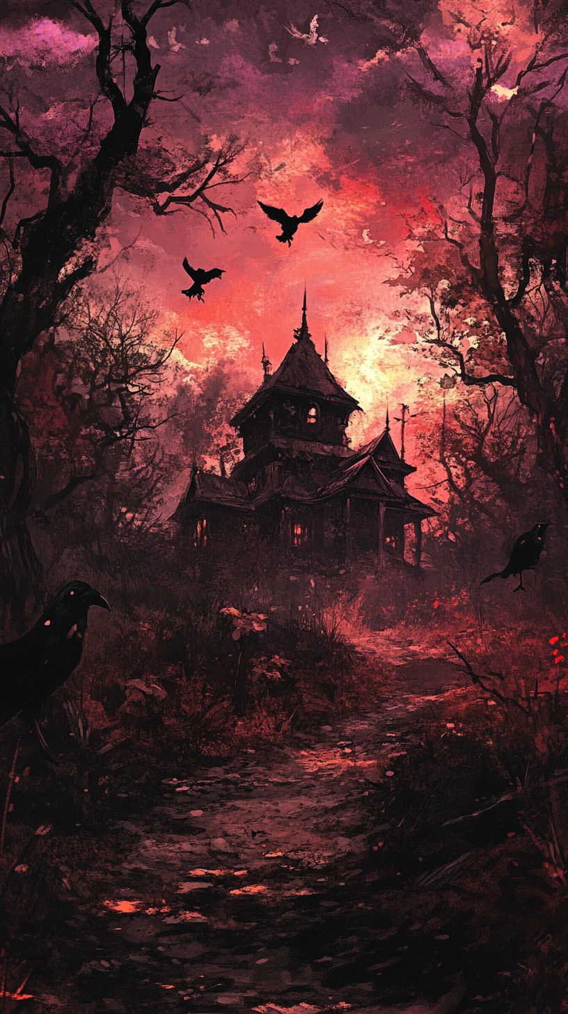 Terra dos sonhos de anime sombria com fantasmas distantes e casa antiga