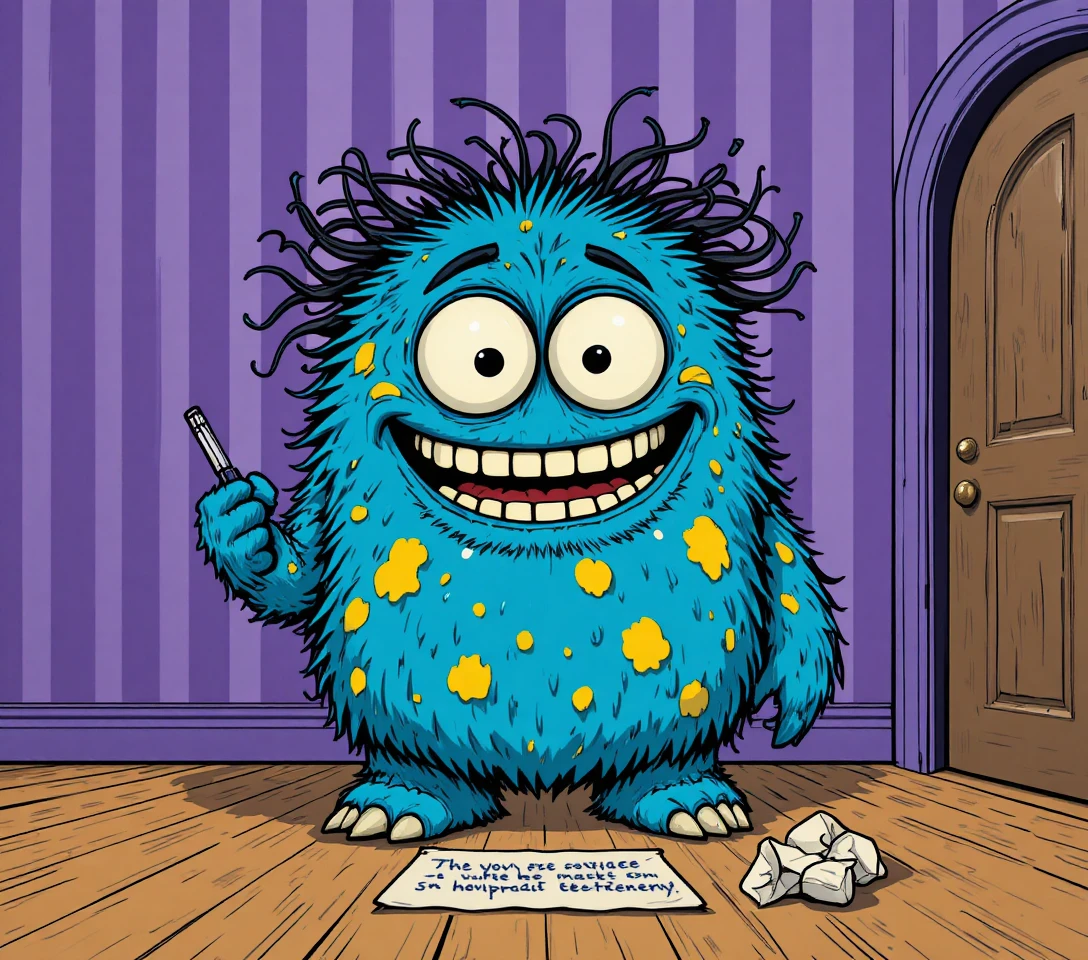 Monstro azul fofinho escrevendo no chão em um quarto roxo
