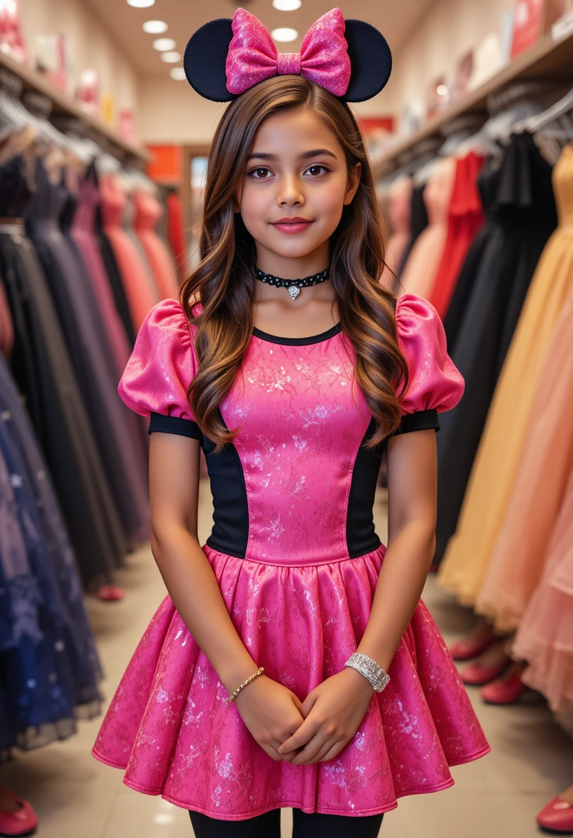 Menina jovem com vestido rosa em uma loja de vestidos da Disney