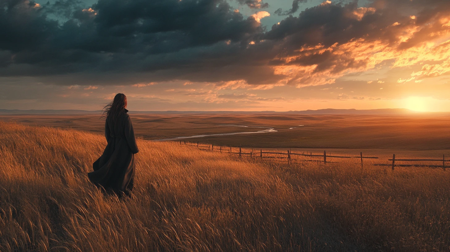 Femme solitaire dans une prairie battue par le vent sous un vaste ciel orageux