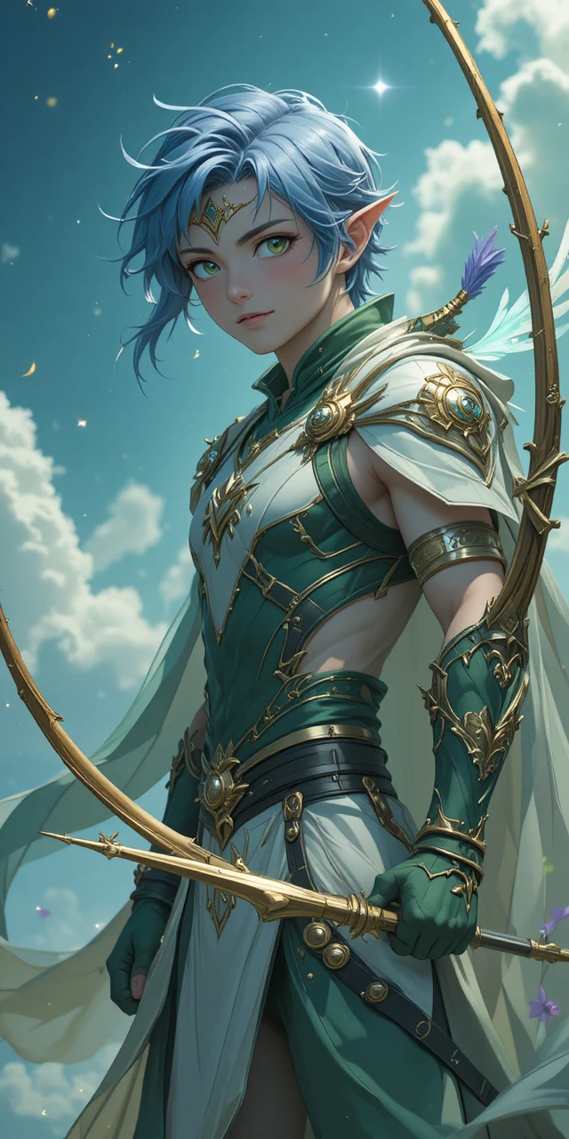 Arciere elfo dai capelli lilla in un ventoso mondo fantasy