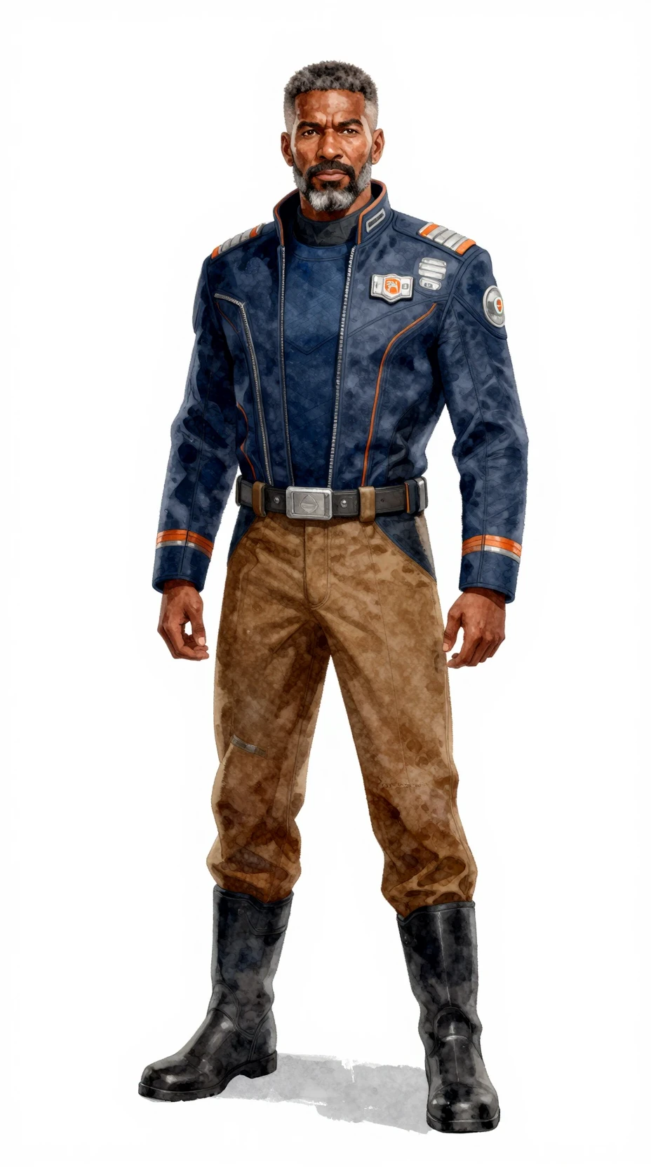 Oficial de nave estelar confiante em uniforme futurista azul-marinho