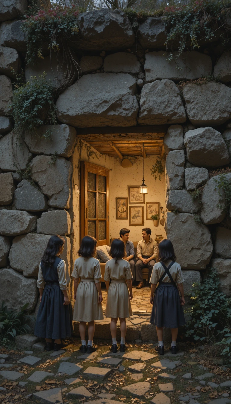 Enfants à la fenêtre d’une vieille maison en pierre baignée de lumière chaude