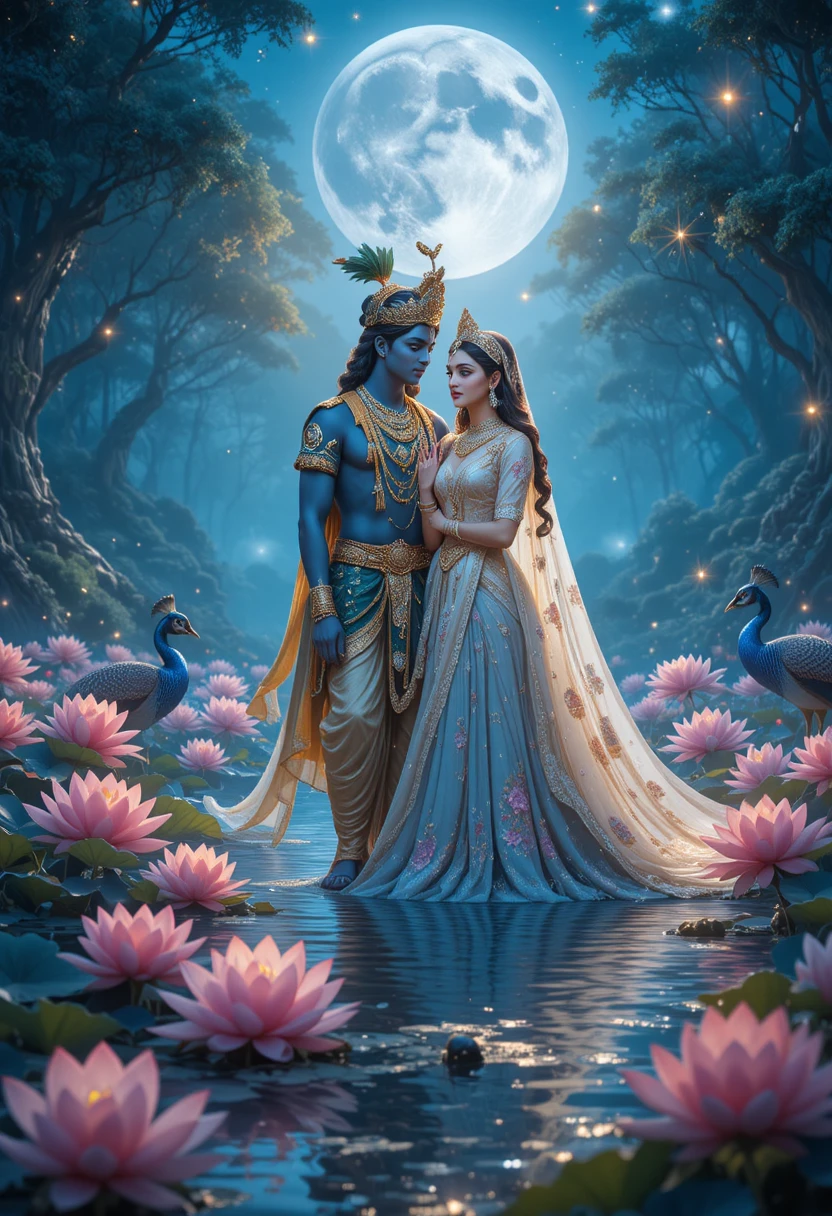 Couple divin au bord d’un lac de lotus sous une lune bleue mystique