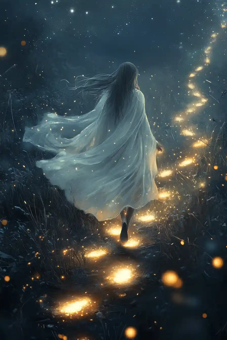 Viandante avvolta nelle stelle che cammina in terre eteree e oniriche
