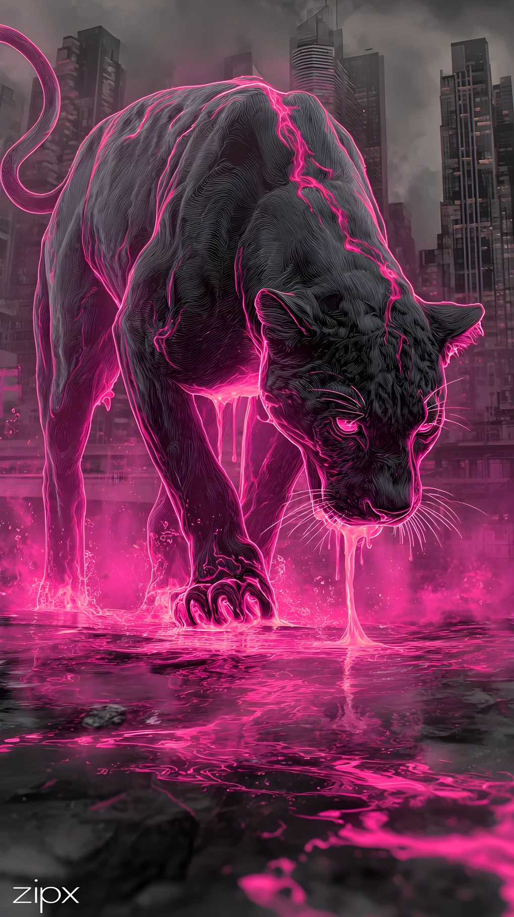 Panthère chromée éclatant d’une vive lumière néon magenta