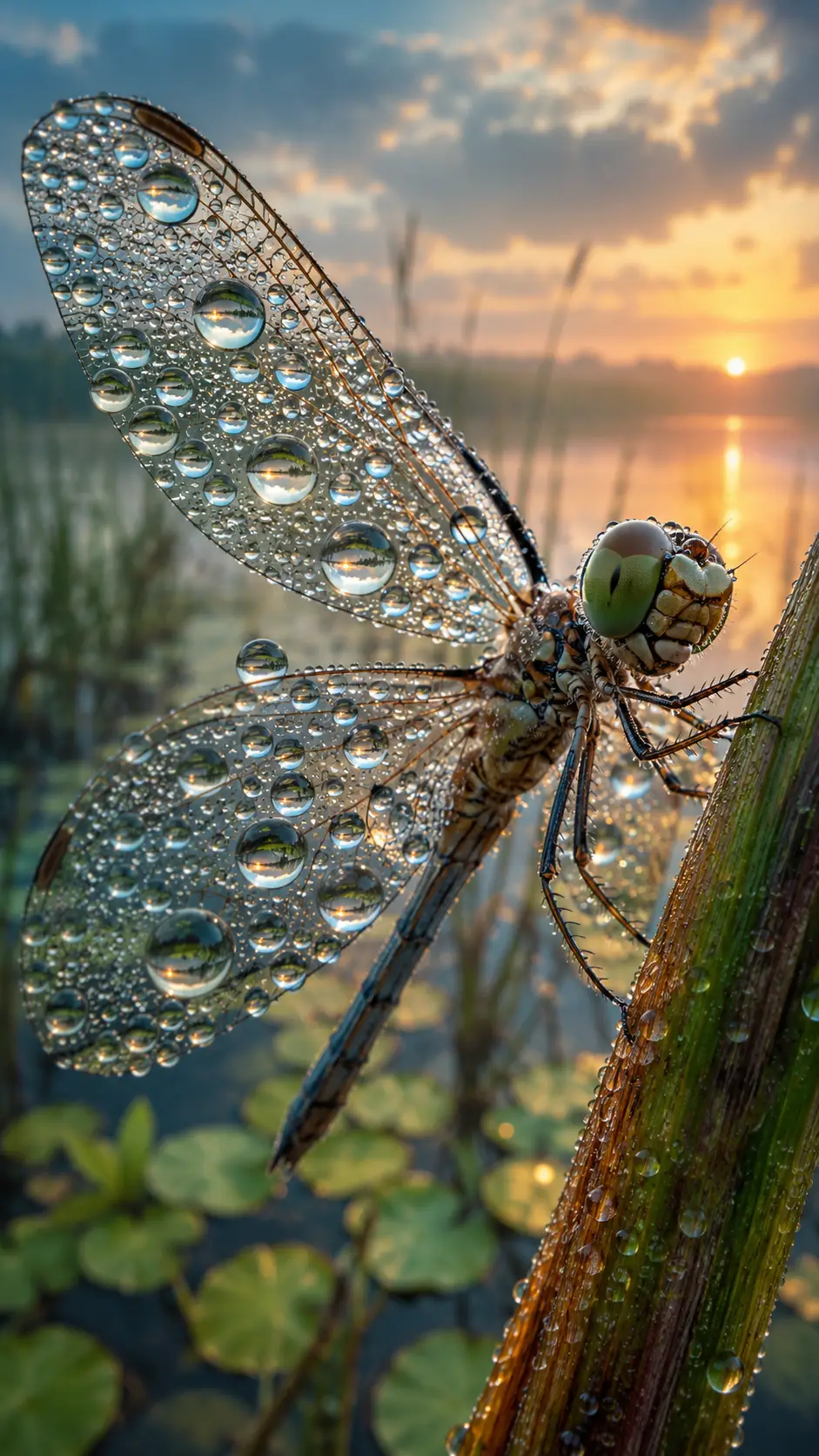 Makro-Libelle auf tau­bedecktem Schilf bei Sonnenaufgang