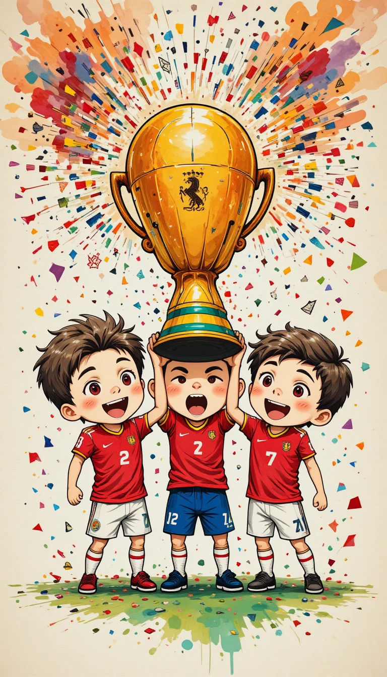 Tiernos jugadores chibi de España celebrando con una copa del mundo gigante