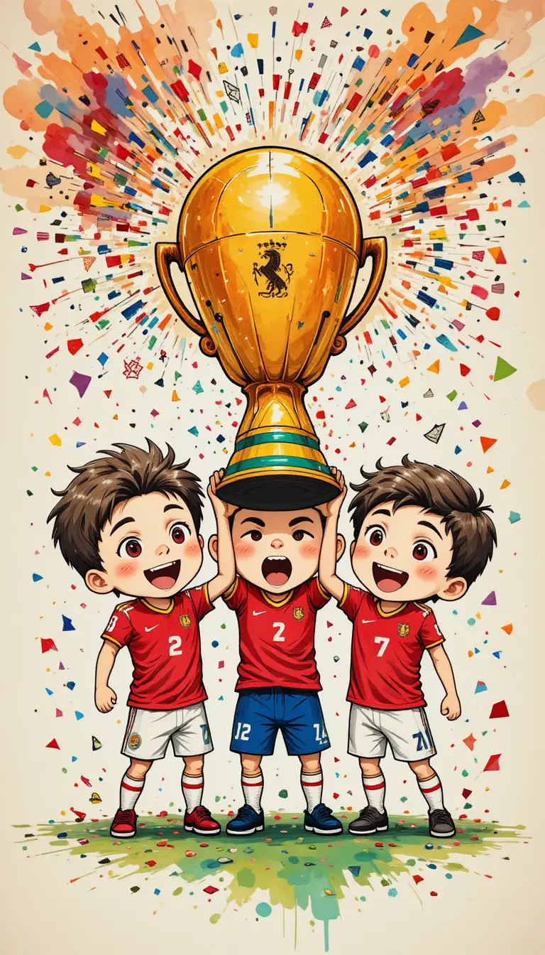 かわいいちびキャラのスペイン代表選手が巨大なワールドカップトロフィーを祝福