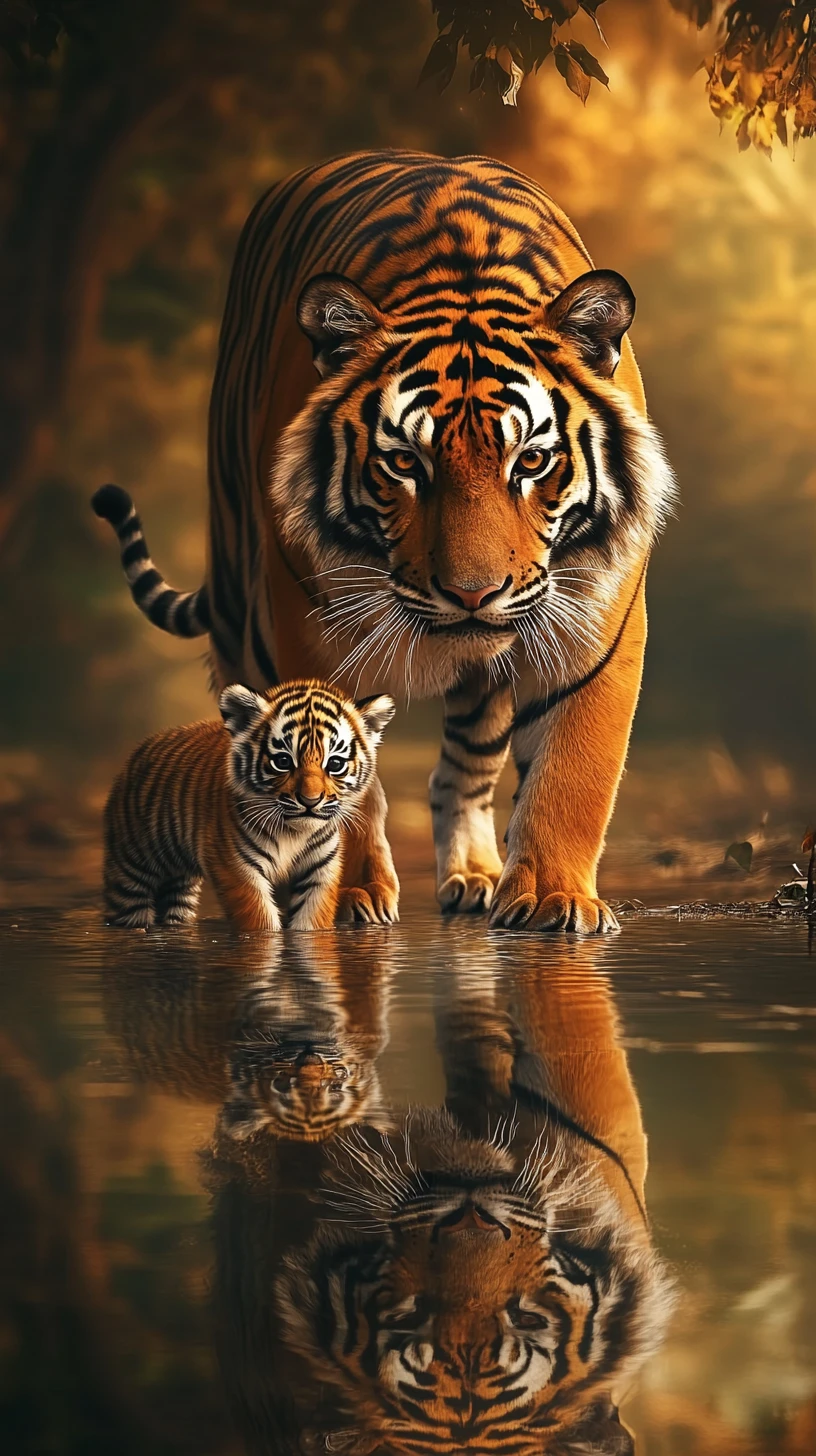 Tigre et petit reflétés dans une scène surréaliste en eau peu profonde
