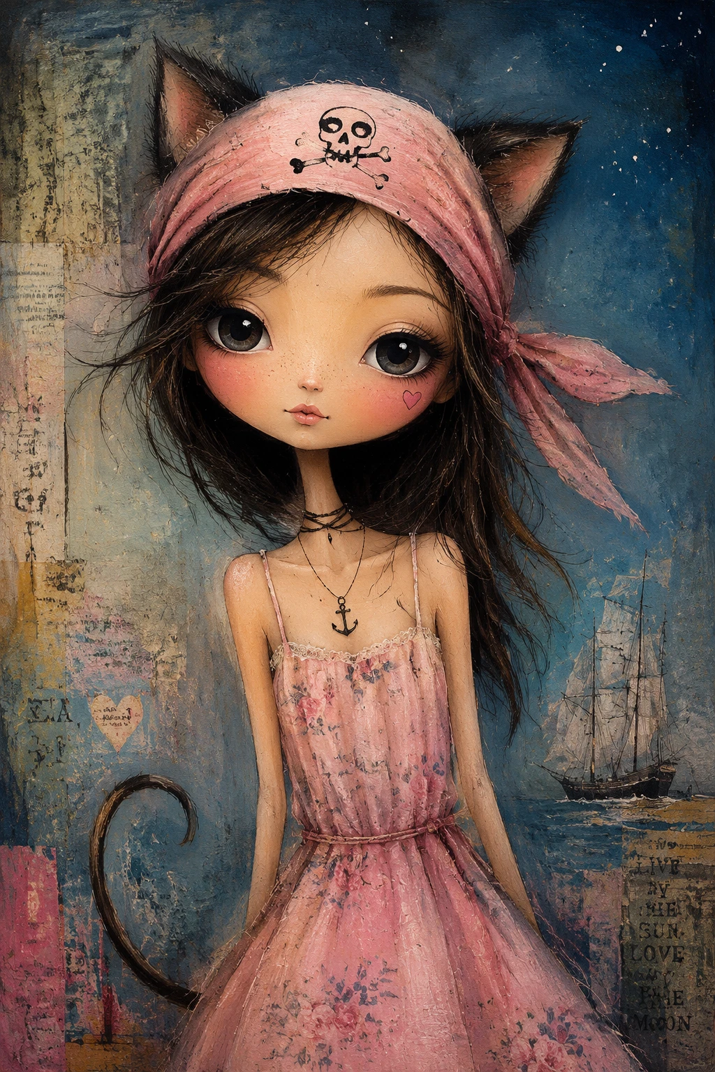 Portrait rapproché d’une chatte pirate fantaisiste en robe rose