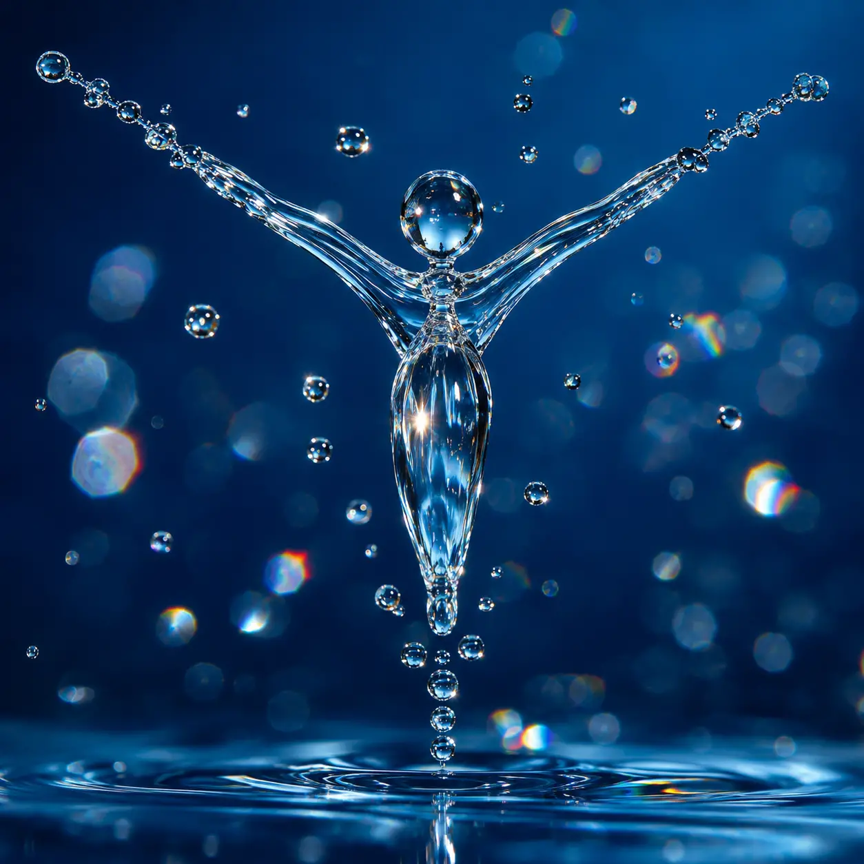 Goutte d’eau en contre-jour suspendue dans un espace bleu abstrait