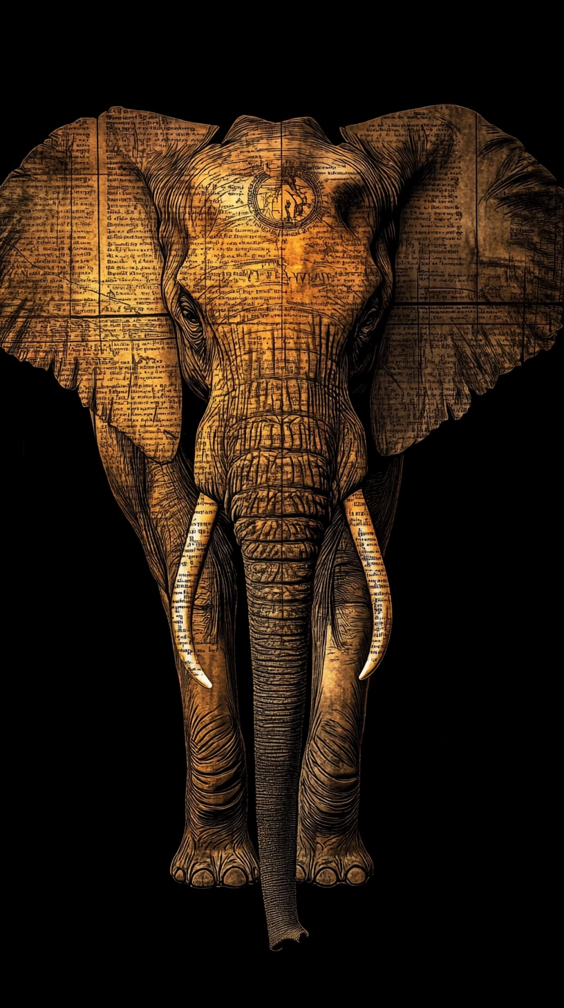 Elefante africano surgindo de mapas de arquivo em espiral