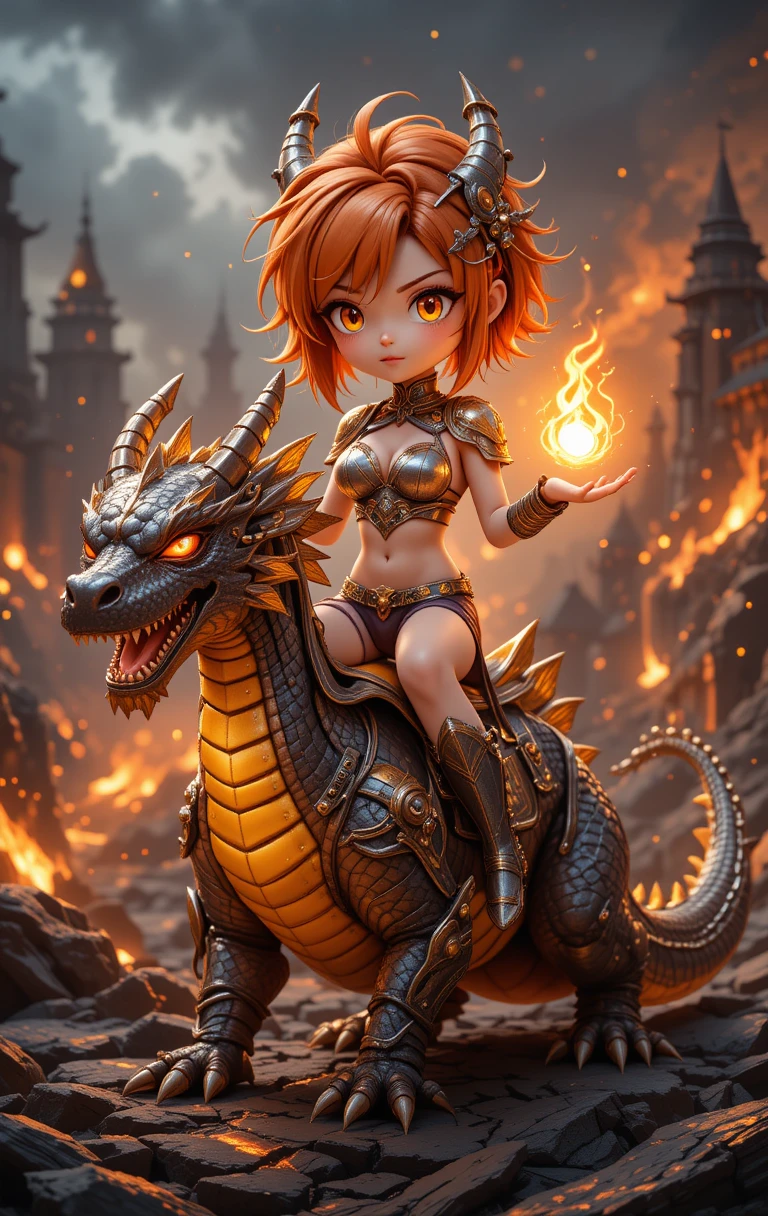 火山領域中騎乘巨龍的Q版女戰士