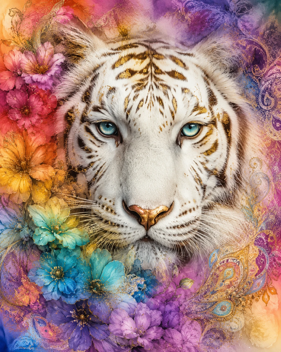 Weißer Tigerkopf mit goldenen Akzenten und floraler Regenbogen-Aura