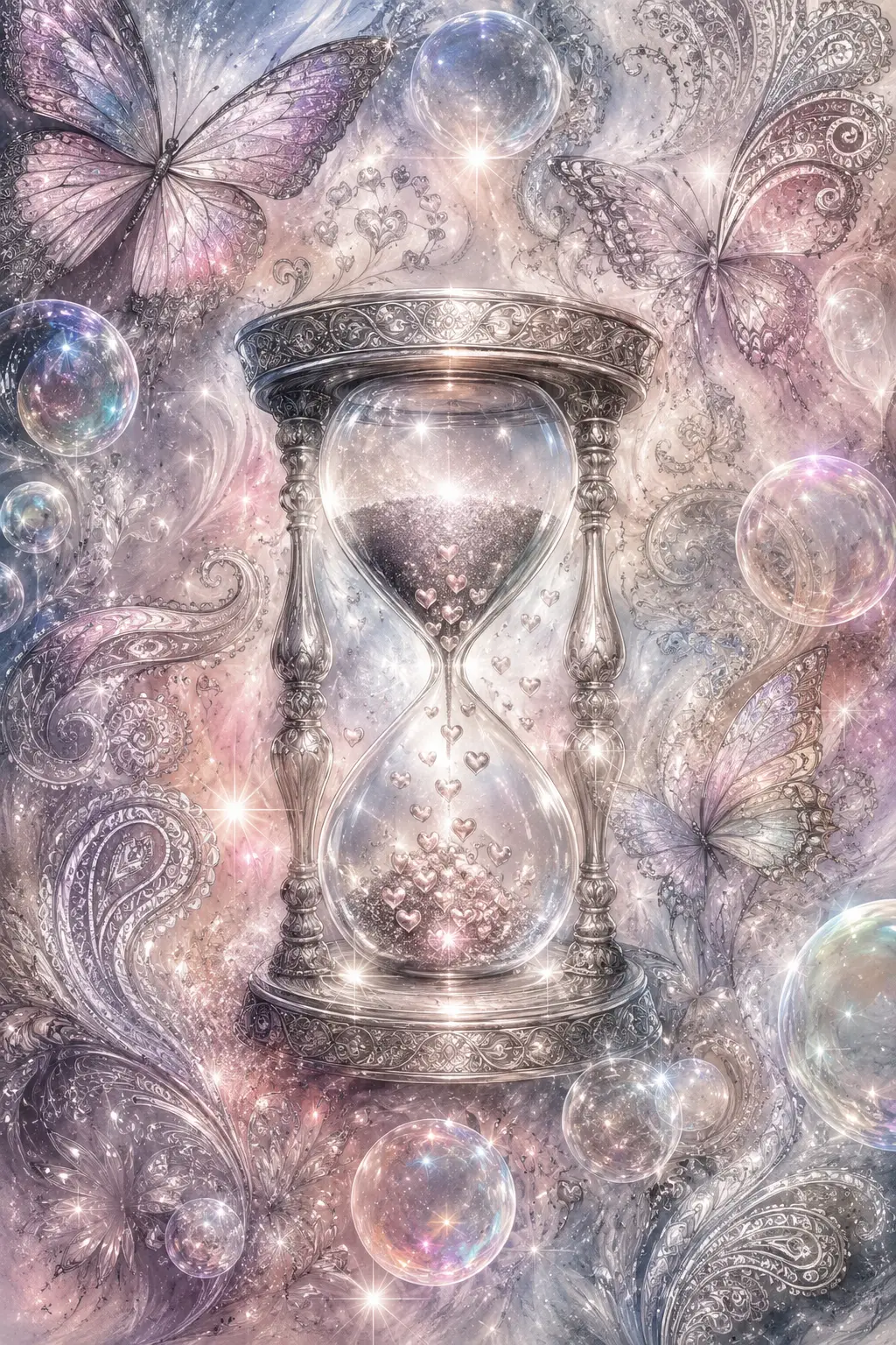 Clessidra luminosa con cuori in una scena astratta e da sogno