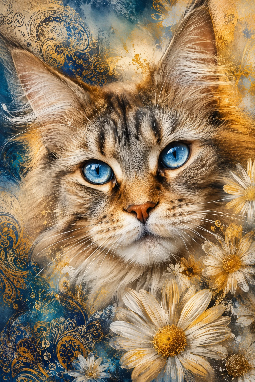 Moodboard ravvicinato di un gatto Maine Coon dagli occhi azzurri