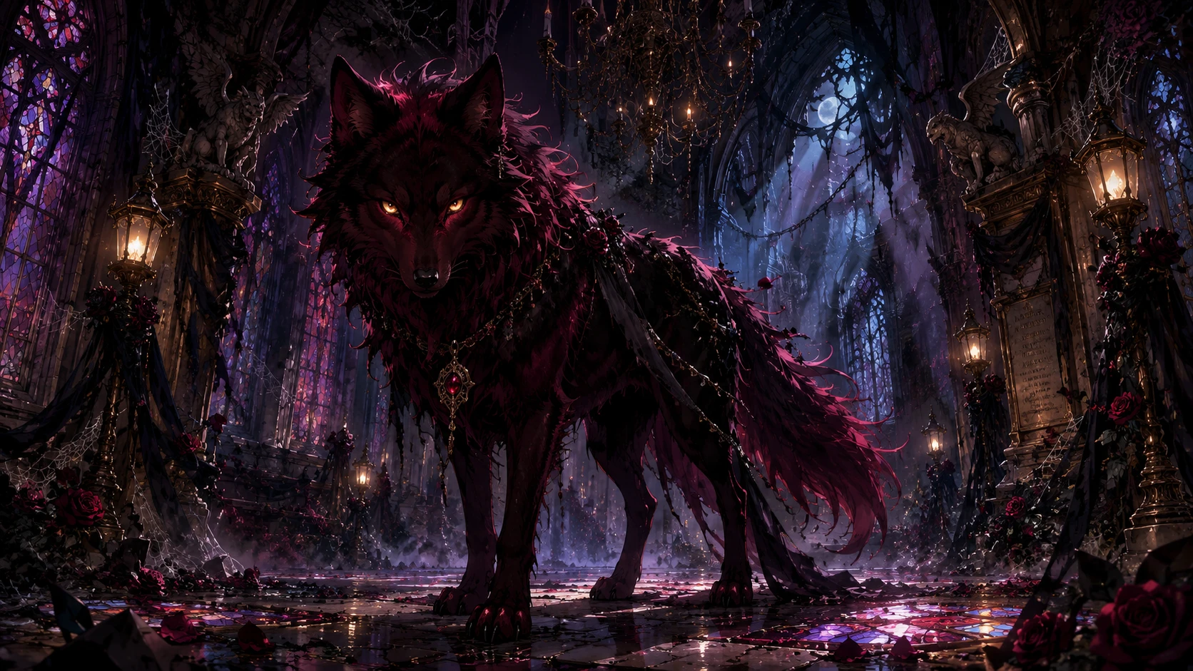 Lobo místico de anime nas ruínas de uma antiga catedral